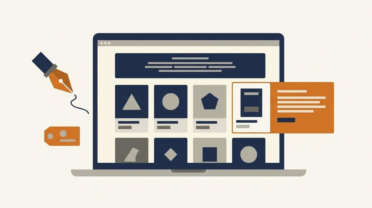 Illustration: en webshop på en bærbar skærm med et gitter af produktkort, et kategoribanner med tekst øverst og ét produktkort fremhævet med sin egen tekstblok, ved siden af en fyldepen og et prismærke